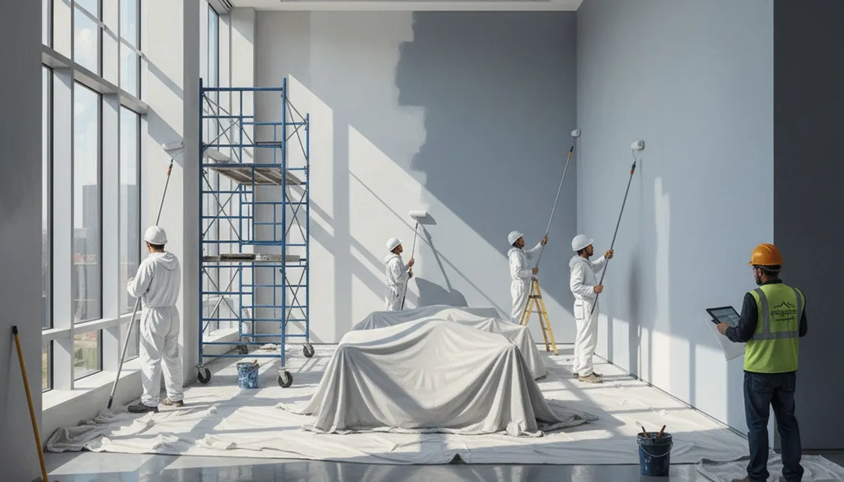 Commercial painters in Oak Park, IL applying durable exterior paint to a business property